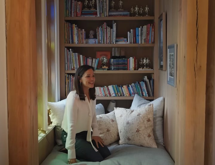 Detail shot of Jennifer Garner's kids' books and a shot of her sitting in their reading nook.