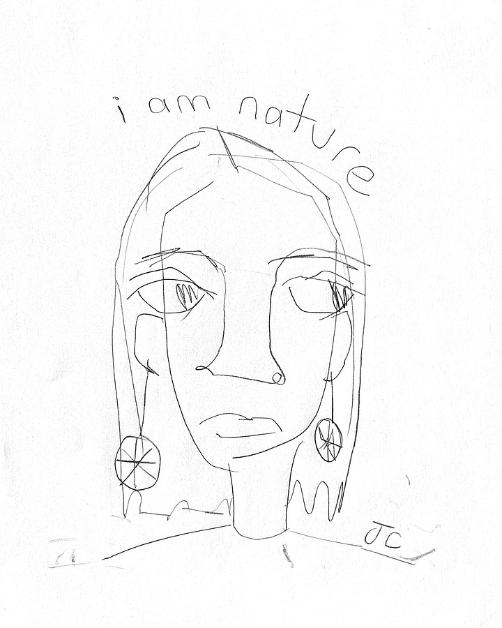  a woman with i am nature. drawings of objects including swan, cup, bottle, woman.