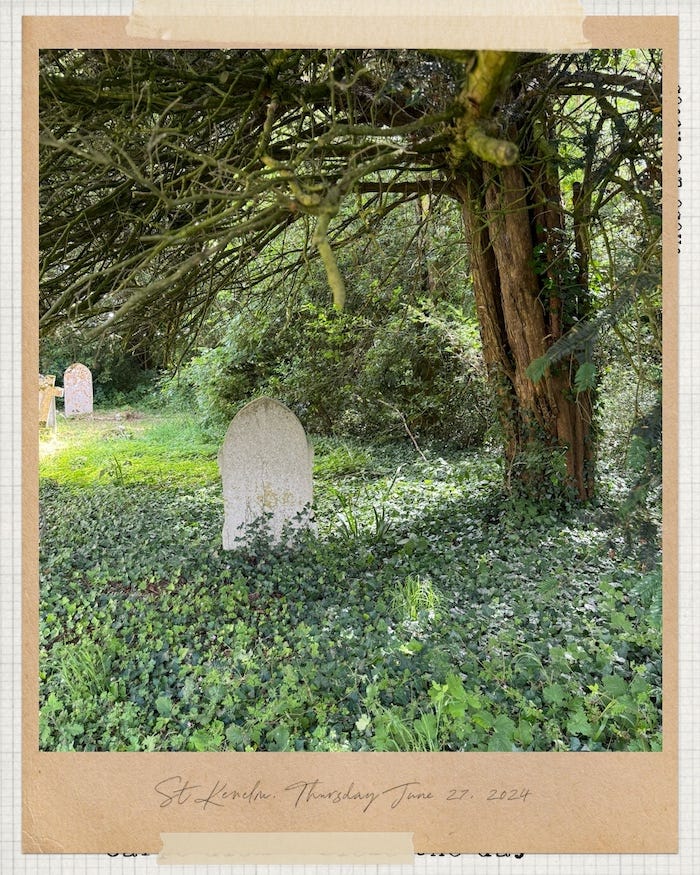 The images feature the outside of a derelict church and weathered gravestones in the grass, evoking a sense of tranquility and reflection on life.