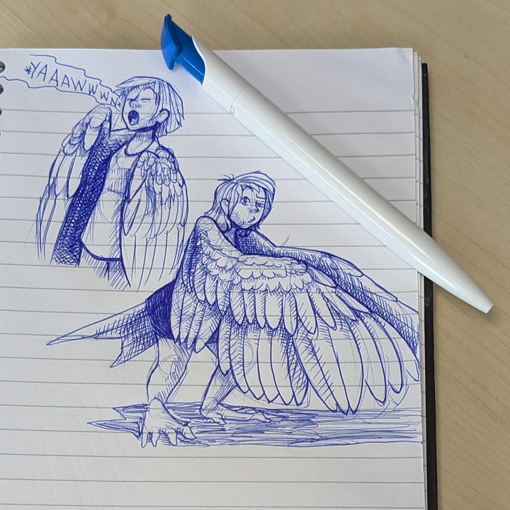 Winged persons: Blue ballpoint pen; tiger: highlighter and ballpoint pen