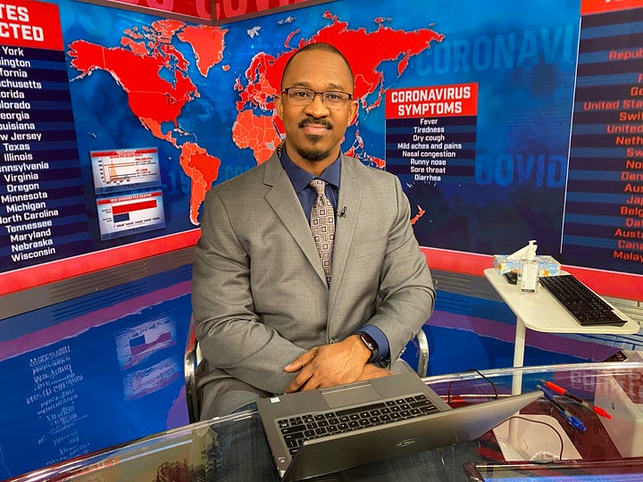 NBC employee ID, Joshua with Lester Holt, Joshua with Joy Reid, New Hampshire Primary ID badge, Joshua wearing badge, Joshua next to his picture in a promotional poster for NBC News NOW, 30 Rock lit up on Election Night 2020, Joshua at the MSNBC anchor desk during COVID-19 coverage
