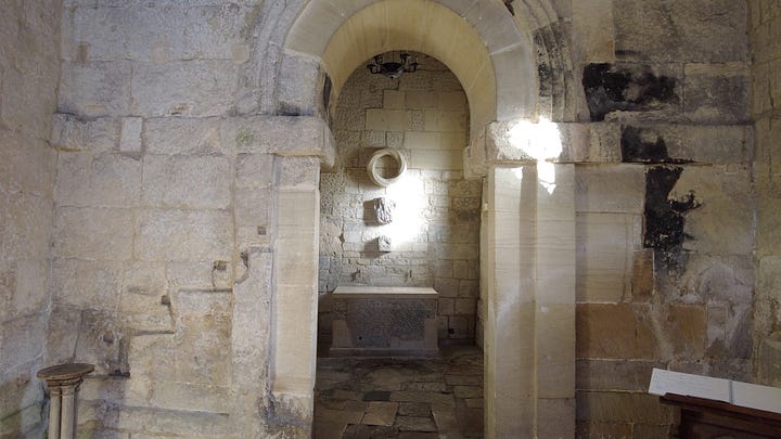 The chancel and altar in St. Laurence Church, The Saxon Church, Bradford on Avon, Wiltshire