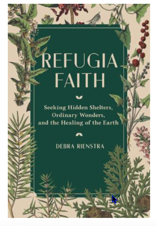 Photos of Debra Reinsert in front of a waterfall and the cover of her book, Refugia Faith.