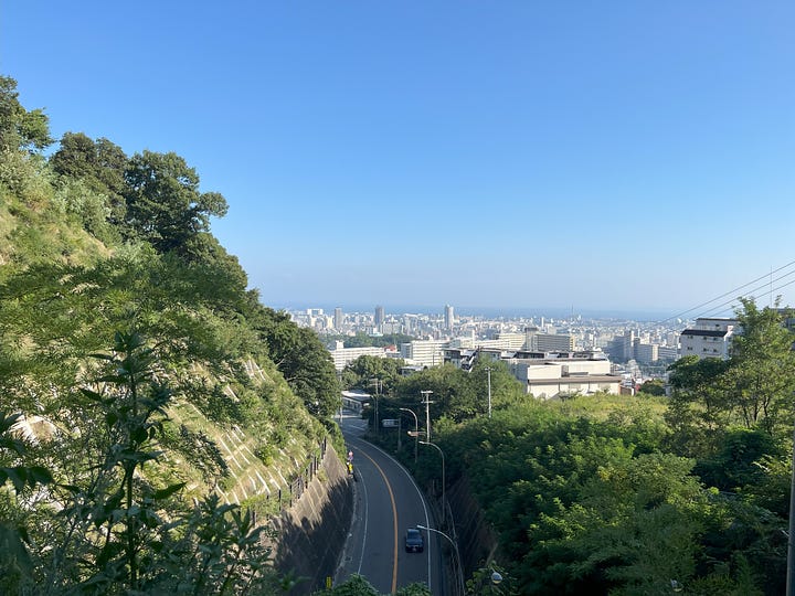 A view over Kobe city from above a road tunnel entrance, and a picture of a forest path.