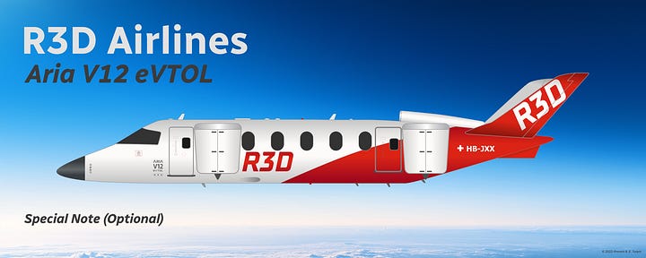 The current R3D Airlines fleet: 1) Airbus A220-300, 2) ATR 72-600, 3) Aria V42 VTOL, 4) Aria V12 VTOL, and 5) Daher Kodiak 900 - all displayed in side view.