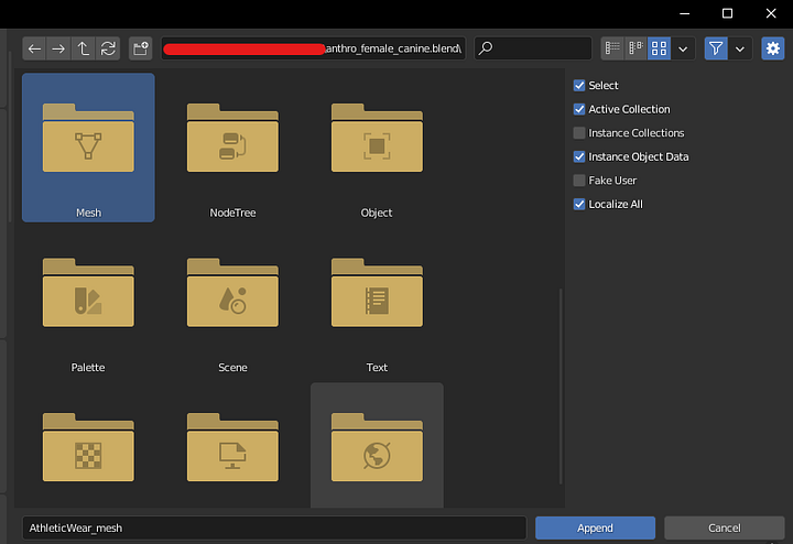 Blender 'Append File' window. Selecting 'Meshes' and 'AthleticWear' next.