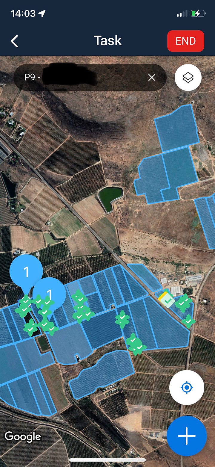 Aerobotics InField mobile application - example screenshots of in-field observations and pin waypoints