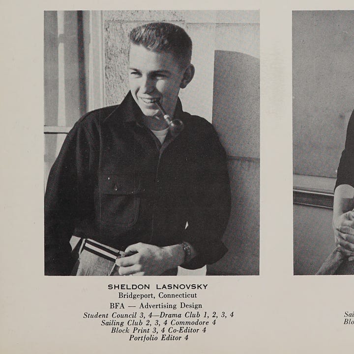 The first image is a black-and-white collage featuring historic buildings from the Rhode Island School of Design (RISD) with "1954" repeated across the top. A caption reads, "This issue of Portfolio commemorates the 75th Anniversary of Rhode Island School of Design."  The second image is a portrait of a young man, Sheldon Lasnovsky, from Bridgeport, Connecticut. He is smiling, wearing a dark shirt, and holding a pipe. Below his image is a list of achievements, including a BFA in Advertising Design and participation in student organizations like the Student Council, Drama Club, Sailing Club, and the role of Portfolio Editor.