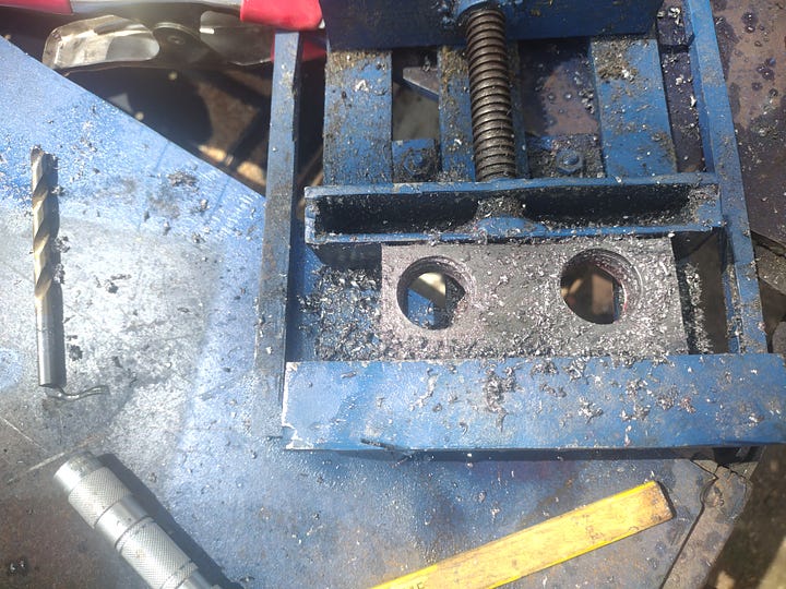 Pictures of a drill cutting holes, and the result.