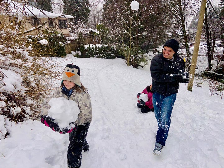 Left: 3 people having snowball fight; Right: 3 kids throwing snowballs