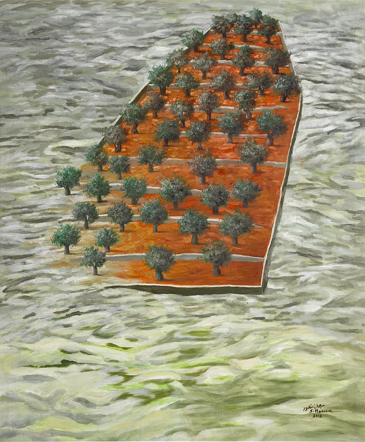 An oil painting of a grid of olive trees on backgrounds of various colors. An oil painting of a grove of olive trees on an ambiguous background.