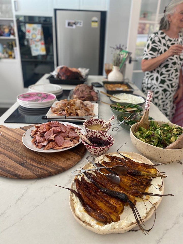 A beautiful pavlova and a spread of meat and veg