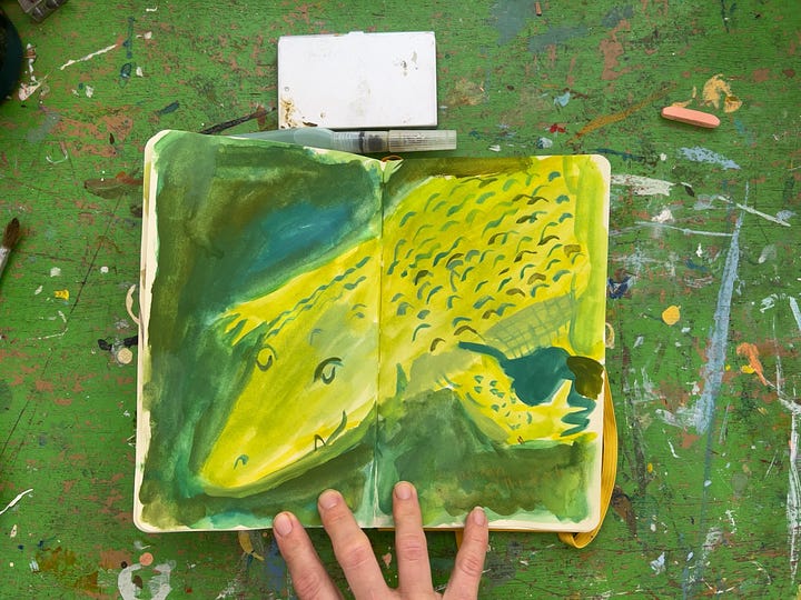 sketchbook paintings of lions, crocodile, and a still life by Beth Spencer