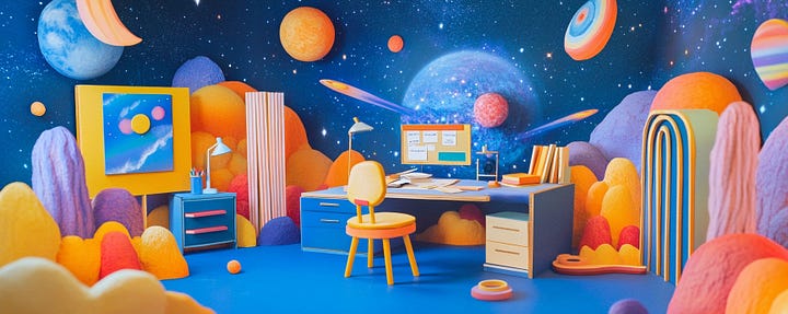 miniature diorama cardboard office workspace with ai collaboration in cosmic and psychedelic landscape