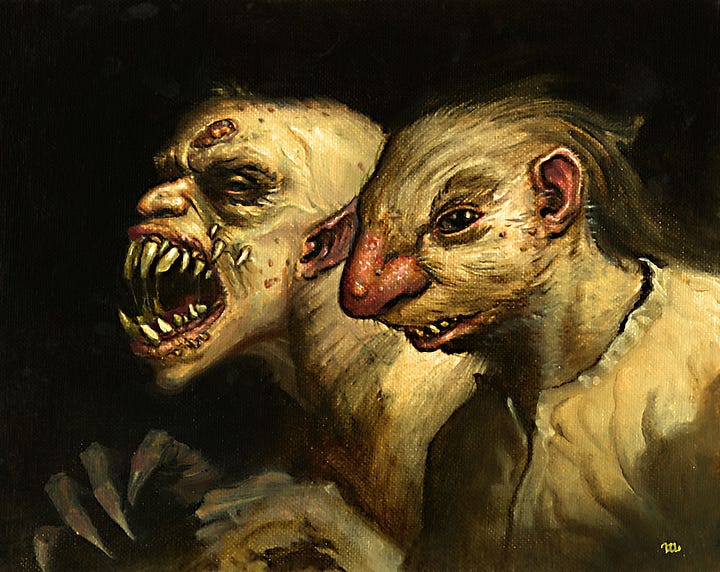 LEFT: Preliminary concept for THE WHITE COMMANDS you featuring Father Callahan wading through a mass of vampires and low men who turn from his attention. RIGHT: Portrait of a vampire and low man in profile. The vampire spreads its jaw wide baring a mouthful of irregular jutting teeth. The low man by contrast has a severe underbite with big nose and the features of a mole or rat. 