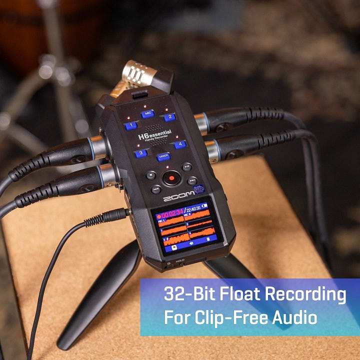 This recorder can get multiple microphones at once as well as its own excellent mic. Use it to get perfect audio at 32 bit float, meaning it won't pop or over modulate a recording.