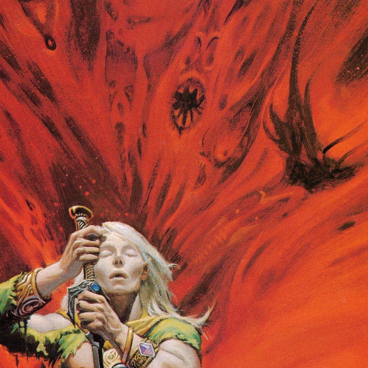 LEFT: Detail from WHITE WOLF featuring Elric straddling the body of an orcish foe while Stormbringer extracts its soul. Tendrils of lavender energy stream up from the ground to the runed blade. RIGHT: Close detail from WHITE WOLF featuring the abstract demonic faces rendered dark against orange in the background behind Elric. They flow up and out in a fan shaped, an inversion in shape of the lavender tendrils drawn from the body into the sword.