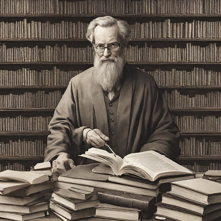 AI generated images of academic librarians, all bespectacled older white men