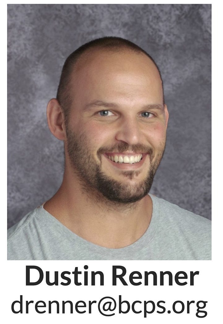 Picture of Dustin Renner and tweet of him volunteering to help ICE deport his students. Tweet, tagging ICE reads: "@ICEgov we had almost 50 students at my school be legally excused to skip and support illegals protest earlier this week. All are either immigrants or kids of. If you want the names to investigate families to find illegals, let me know in dm. I'll give names and school. All in MD"