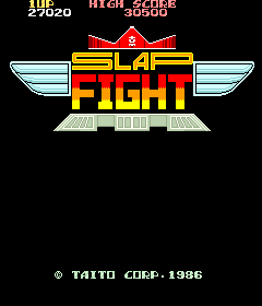 Four screenshots of title screens: Tiger-Heli, Slap Fight, Rally Bike, and Tatsujin, released between 1985 and 1988. All four have Taito's credits visible, but not Toaplan's.