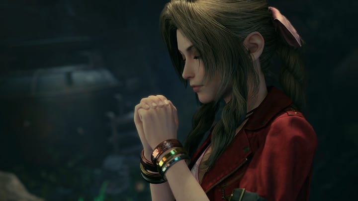 Aerith praying in Cloud's dream in Remake and at the altar in the City of the Ancients in the original game.