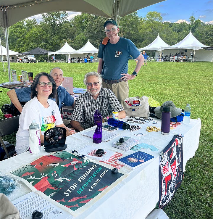 Third Act Faith members Jane Ellen Nickell, Debra Rienstra and Jerry Cappel are pictured distributing information about Third Act at the Chautauqua Institute and Wild Goose Festival.  Also pictured at the Wild Goose event is Bill McKibben and Webb Mealy.
