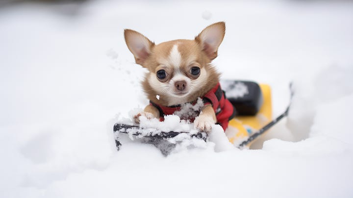 Ridiculous AI images of a husky in a handbag and a Chihuahua pulling a sled.