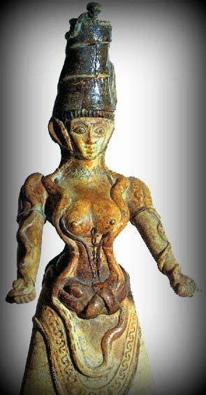 Two Minoan Snake Goddess figurines with bared breasts and two frescoes from Knossos showing women wearing open-front tops that bare the breasts