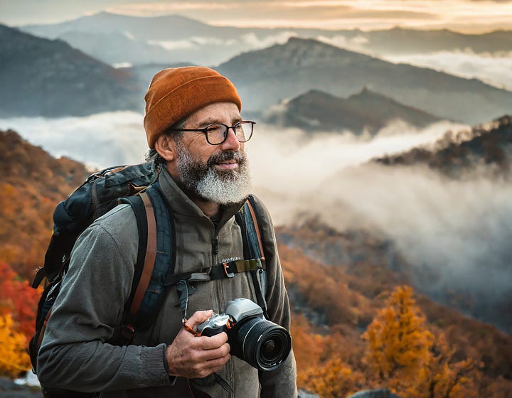 AI-generated photorealistic images of a bearded man hiking in the mountains