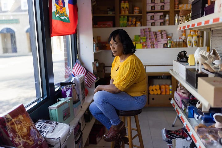 Left: Creations Market owner Philomene Philostin in her store in Springfield, Ohio. Right: Cliff Borden, owner of Pritchet’s Shoe Service. Photos: Maddie McGarvey for The Washington Post, September 16, 2024.