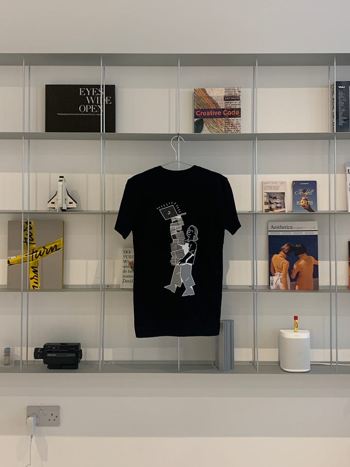 Photograph of a girl modelling a black t shirt followed by a photograph of a t shirt hanging from a shelf