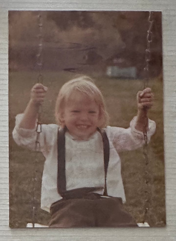 LEFT: CB as a small girl on her swing. RIGHT: her childhood home