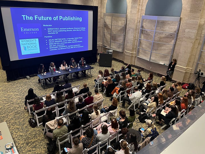 Two photos depicting the seven women panelists and organizers, and a view of the seated audience from behind with a screen projecting the event title and names of participants