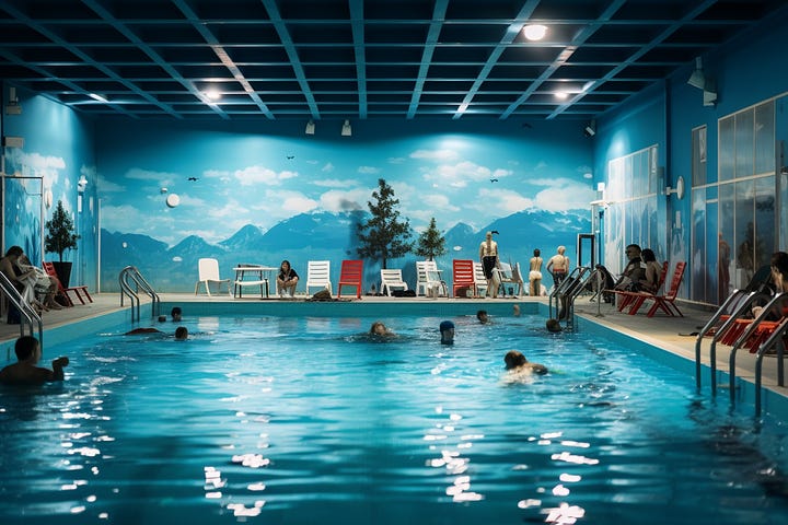 Photo of people in a swimming pool vs. photo with two people removed. Midjourney inpainting.