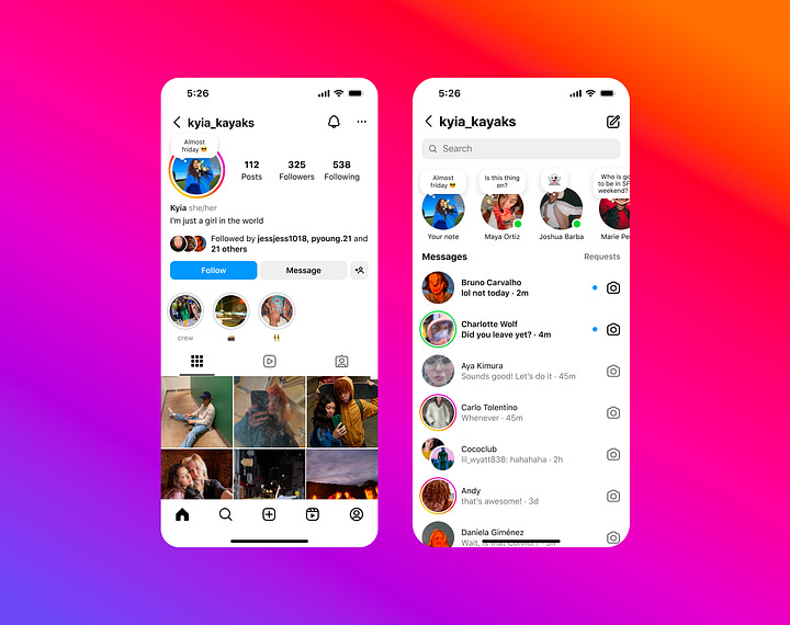 Screenshots of mobile screens revealing Instagram's new features: Notes on Profile and Notes Prompts