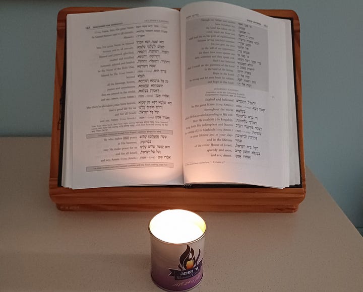 picture 1, prayer book and memorial candle; picture 2, womn waving Israeli flags