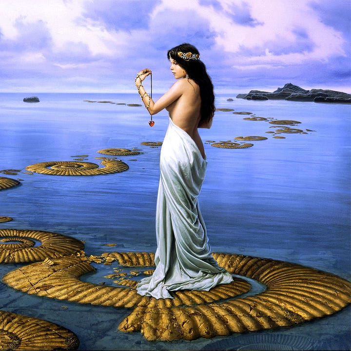 LEFT: Detail from THE DIVINING HEART featuring a dark haired beauty pausing on a path of ammonite stepping stones that extend out over placid water. The drape of white cloth that partially covers exposes her back and spills down to bunch in folds on the ammonite spiral. She holds up a red glass heart but her eyes aren't fixed on it—she stares past her hand distantly as if her thoughts retreat inward.  RIGHT: Figure detail from THE DIVINING HEART featuring a dark haired beauty posed in profile while holding up a small, red glass heart dangling from a chain. A beaded cord crisscrosses up her forearm, around her thumb, and over her palm. The same arm covers her breast while a drape of white cloth wraps around her torso and covers the bottom half of her. A thick circlet of silver, set with small, earthy ammonite spirals, stands out against the raven hair that spills down her bare back.