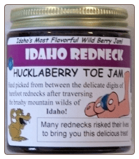 Huckleberry jam in three labels. Huckleberry syrup in Gallone bottles.