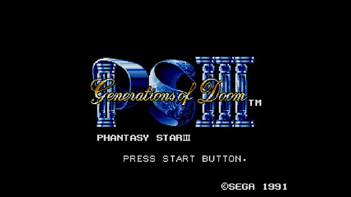 The title screens for the first four Phantasy Star games. The first, second, and fourth all have a similar logo, with a stylized font in yellow that says "Phantasy Star", whereas Phantasy Star III uses blue letters made from columns and malleable metal to form a logo that says, "PSIII," and then "Phantasy Star III" in plain white text beneath it. "Generations of Doom" is scrawled across the logo in a cursive script, and the background is completely black, unlike the outer space theme of the other three.