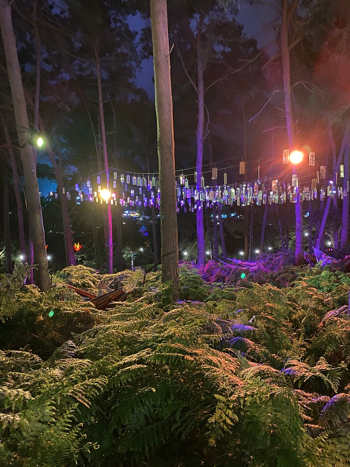 Artistic lighting at latitude festival (large latitude letters in a reflective metal lit up, multi-coloured strips leading into the zen area lit up with giant brightly coloured flowers leading to the entrance, lights strung up between trees in the wood and finally a kaleidoscope dome in gold