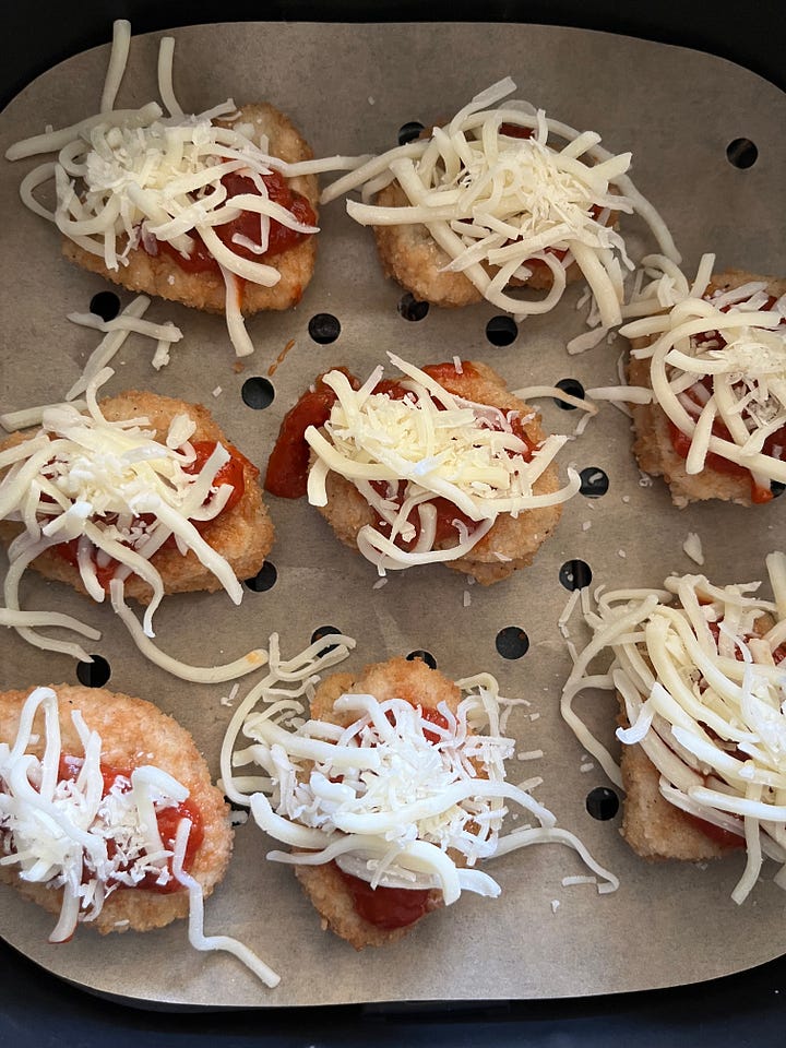 Photos of chicken nugget mini parms, in the air fryer and finished on a plate.