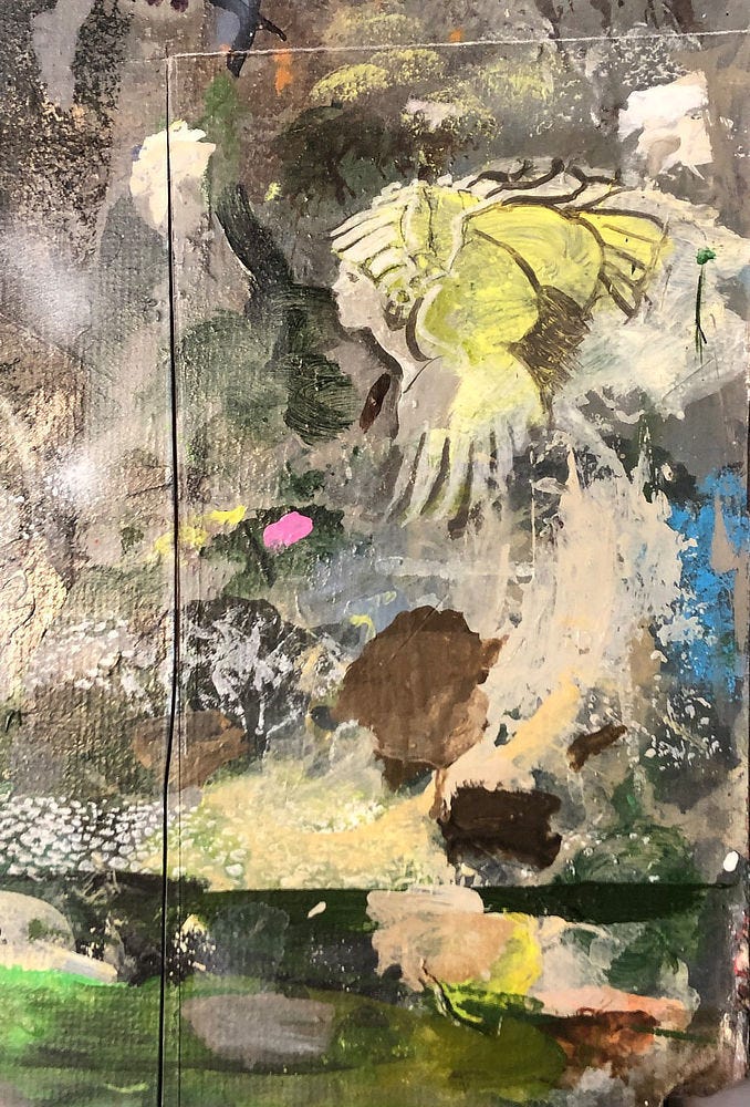 LEFT: Work in progress photo of A DREAM OF SPRING that shows a female face in profile and the roughedd in shape of the headdress. The rest of the surface is a mess of paint patterns with greens prominently showing at the bottom. RIGHT: Detail from A DREAM OF SPRING featuring an odd mix of elements that make up the ornate headdress including a visor-shaped front piece resting on her forehead, a blue pendant where an earring would be, burnt orange feathers, a honeycombed dome, and flowing stripes of fabric that lead to a horned point.