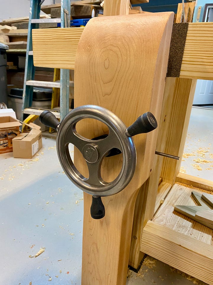 Leg vice chop being shaped on the bandsaw, the sliding deadman shaped, and the vice installed.