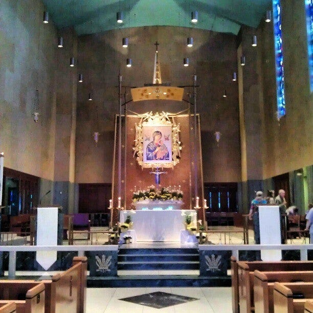 Santa María Reina Church, Ponce Puerto Rico and Our Lady of Perpetual Help Cathedral, Rapid City. Altar views compared.
