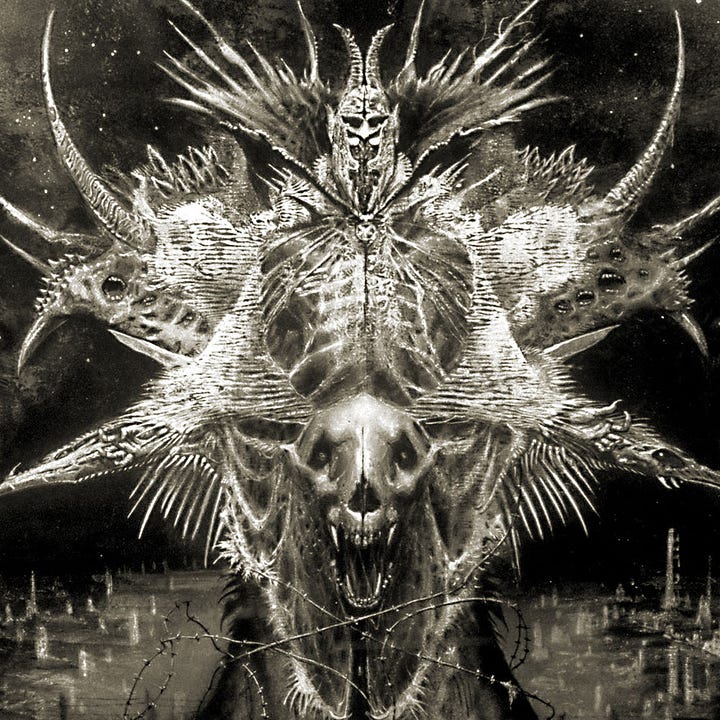 LEFT: Detail APOTHEOSIS OF WAR featuring the embodiment of war rendered in white on black. Its arms and armor are an abstraction with wide spiky pauldrons bearing mouths open as if screaming. The helm too tall with extra cheek plates as if it contained more than one face. The abdomen is covered with an animal skull snarling out at the viewer. RIGHT: Album cover for DARK AGES by Soul Fly distributed by Roadrunner Records