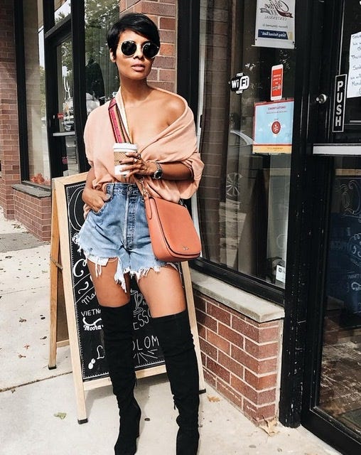 Images are of Kyrzayda Rodriguez in her street style with denim shorts and heels.