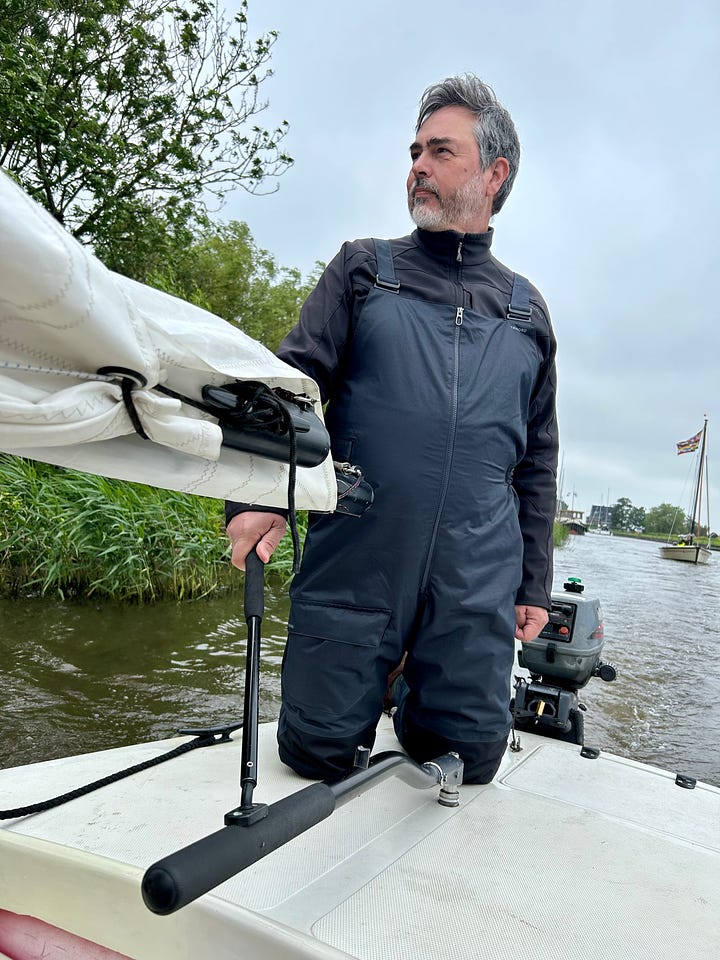 Karen and Monsieur B in sailing gear in the Netherlands