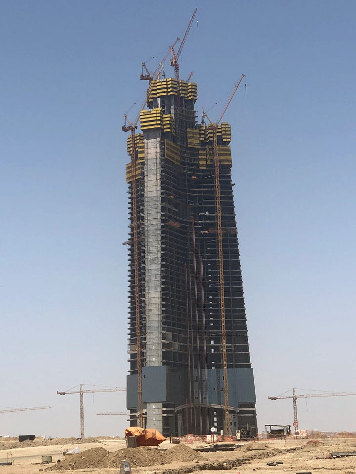 JEC Tower under construction and artist's impression of finished tower