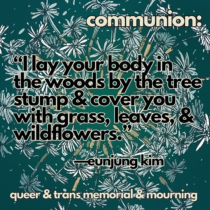 Words from the September storytellers on top of the four drawings by artist J Marshall Smith. Top left: Treva Ellison says ‘It’s safe to be soft here. You’re from here.’ over top the light burst drawing. Top right: eunjung kim says ‘I lay your body in the woods by the tree stump & cover you with grass, leaves, and wildflowers.’ over top the dandelion head. Bottom left: Mel Y. Chen says ‘She said with great urgency, We have to go. We have to go.’ over top the pink-purple landscape. Bottom right: Briar Baron says ‘I imagined him finally, as the candle burned down, having space to weep.’ over top the wood chair.