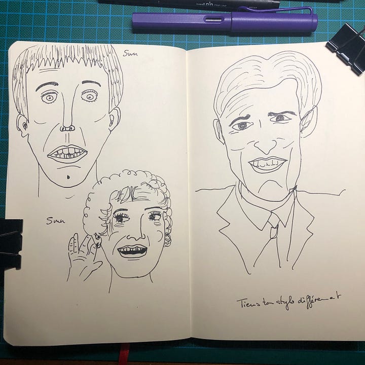 Photos de mon sketchbook posé sur mon tapis de découpe. On y voit les 14 portraits que j'ai dessiné pendant la session, ainsi que les stylos et feutre que j'ai utilisés.